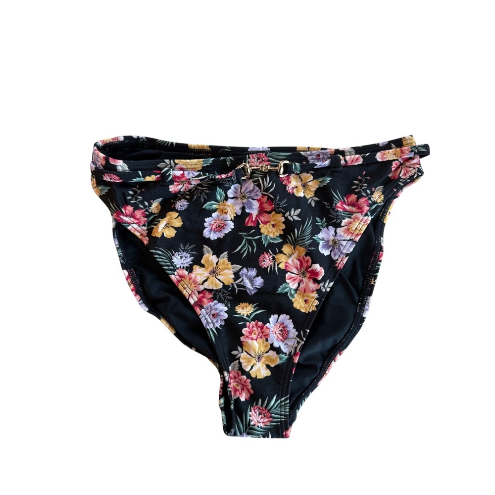 MinkPink Black Floral‎ High Leg Bikini Bottoms Gold Horsebit Detail NWT Size S